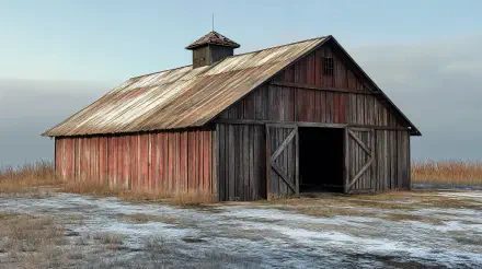 A rustic red barn stands against a serene landscape, featuring weathered wood and a classic design, showcased in a stunning 4K Ultra HD desktop wallpaper.