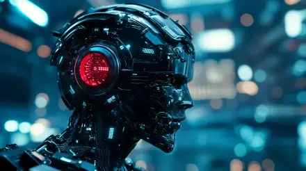 A sleek, black robot with a glowing red eye, set against a futuristic backdrop, embodies the essence of a sci-fi AI uprising in this striking 4K Ultra HD wallpaper.