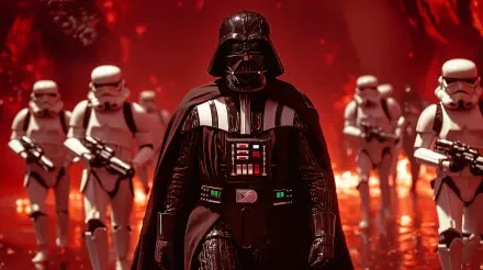A dramatic 4K Ultra HD wallpaper featuring Darth Vader leading a group of stormtroopers against a fiery background, capturing the essence of Star Wars.