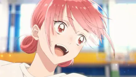 Anime HD PC desktop wallpaper of Hina Chouno from Blue Box — sunlit close-up of a pink-haired girl laughing, bright eyes and a blurred blue-yellow background.