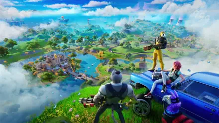 4K Ultra HD Fortnite video game wallpaper showing characters overlooking a vibrant landscape with lakes, buildings, and lush greenery from a high vantage point.