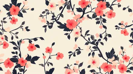 A vibrant floral pattern featuring pink flowers and dark green leaves on a soft beige background, designed as a 4K Ultra HD desktop wallpaper and background.
