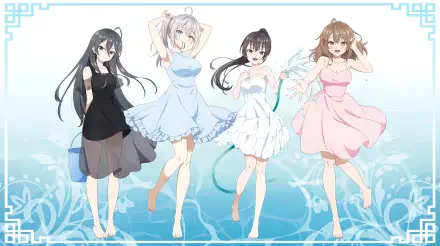 Anime HD desktop wallpaper featuring Alya Sometimes Hides Her Feelings in Russian with characters Alisa Mikhailovna Kujou and Yuki Suou in pastel-colored dresses.