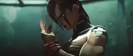 A striking 4K Ultra HD wallpaper featuring VI from the TV show Arcane, showcasing her intense expression and detailed character design in a dramatic setting.