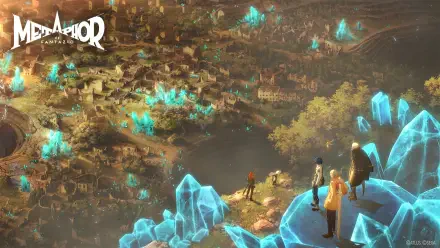 A stunning HD wallpaper from the video game Metaphor: ReFantazio, featuring characters overlooking a vibrant landscape adorned with glowing crystals and an expansive town below.