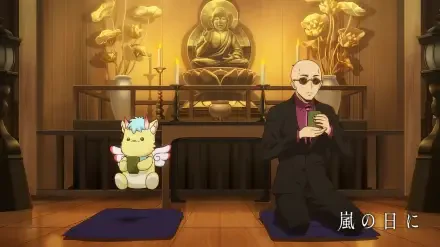 Anime-inspired HD wallpaper from Cardfight!! Vanguard Divinez, featuring a character in sunglasses and another whimsical creature seated in a serene temple setting.