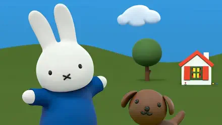 HD desktop wallpaper featuring Miffy, a cheerful bunny in a blue shirt, alongside a playful brown dog, set against a vibrant landscape with a tree, cloud, and a cozy house.