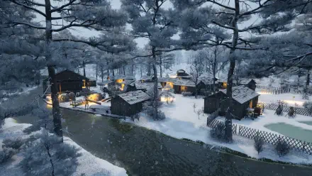 A serene winter landscape from the video game Sengoku Dynasty, featuring cozy wooden structures and a gently flowing stream surrounded by snowy trees, creating a peaceful atmosphere.