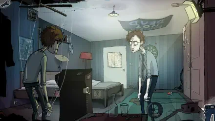HD PC desktop wallpaper from the video game Mindlock - The Apartment, depicting a dimly lit room with a character facing his distorted reflection.