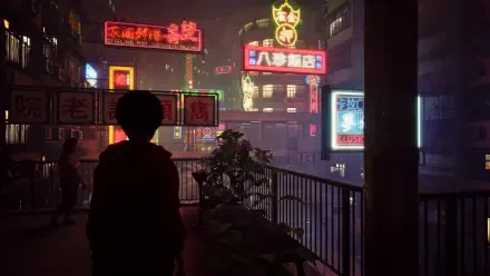 A captivating HD wallpaper from the video game Slitterhead, featuring a silhouetted figure gazing over a neon-lit urban landscape filled with vibrant signs and a mysterious atmosphere.