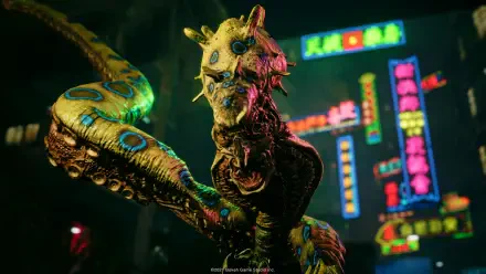 A vibrant HD wallpaper from the video game Slitterhead, featuring a striking creature with intricate details against a backdrop of colorful neon signs.