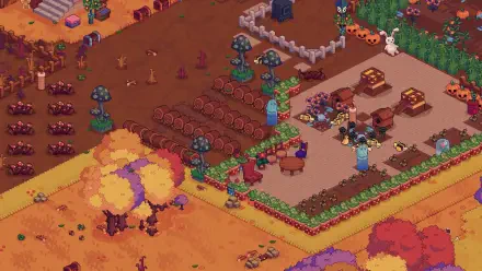 HD PC desktop wallpaper from the video game Everholm, showcasing an autumnal farm scene with crops, trees, and characters in a pixel art style.