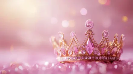A close-up of a glittering pink princess crown adorned with jewels, set against a soft pink background, creating a dreamy pink aesthetic in 4K Ultra HD.