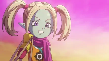 Anime-style HD desktop wallpaper featuring Panzy from Dragon Ball DAIMA with a cheerful expression against a pink and yellow gradient sky background.
