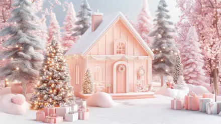A dreamy Christmas scene featuring a pastel pink cottage surrounded by snowy trees and sparkling lights, creating a cozy and enchanting holiday aesthetic. HD desktop wallpaper.