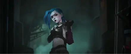 HD PC desktop wallpaper featuring Jinx from the TV show Arcane, based on League of Legends, with her signature blue hair and intense expression in a dark setting.