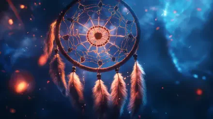 A stunning dreamcatcher glows against a cosmic background, featuring intricate webbing and delicate feathers, perfect as a 4K Ultra HD desktop wallpaper.