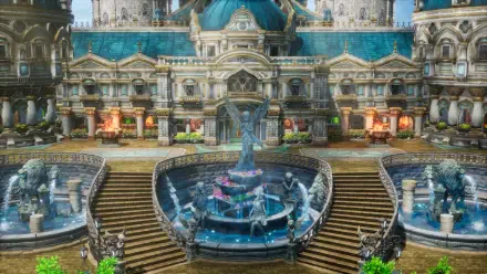 A stunning HD wallpaper featuring a majestic fountain and grand architecture from the DRAGON QUEST III HD-2D Remake, showcasing vibrant details and enchanting scenery.