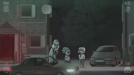 A vibrant HD wallpaper from the video game Mindcop, depicting quirky cartoon characters in a nighttime street scene, blending mystery and humor in a stylized setting.