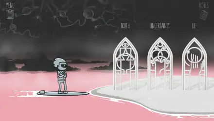 A stylized illustration from the video game Mindcop, featuring a character on a surfboard facing three arches labeled Truth, Uncertainty, and Lie against a surreal backdrop.