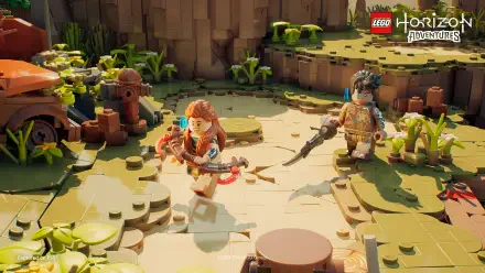 A vibrant HD desktop wallpaper featuring characters from Lego Horizon Adventures, set in a lush, detailed landscape with greenery and playful Lego elements.