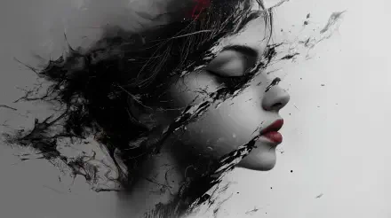 4K Ultra HD digital illustration of an abstract artistic portrait featuring a woman's face with striking red lips and dynamic black brushstroke effects.
