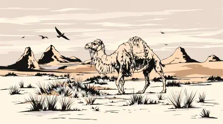 A stylized illustration of a camel walking through a desert landscape, surrounded by mountains and birds, presented as a 4K Ultra HD PC desktop wallpaper and background.