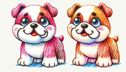 Colorful illustration of two adorable cartoon bulldogs, showcasing their playful expressions and vibrant fur patterns. 4K Ultra HD desktop wallpaper and background.