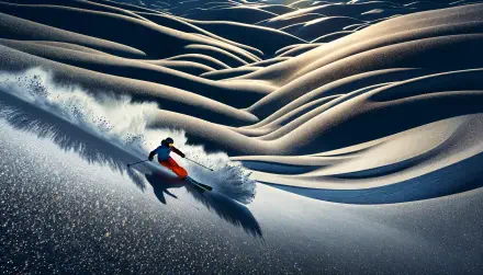 A skier gracefully carves through a snowy landscape, showcasing dynamic movement against a backdrop of undulating snowdrifts, captured in stunning 4K Ultra HD for a striking desktop wallpaper.