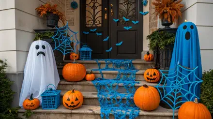A vibrant Halloween scene featuring carved pumpkins, blue bats, whimsical ghosts, and spiderwebs decorating steps and planters, set in a rich, autumn backdrop. 4K Ultra HD quality.