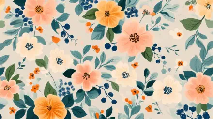 A vibrant floral pattern featuring large blossoms in peach and yellow, surrounded by green leaves and small blue accents, showcased as a 4K Ultra HD PC desktop wallpaper.