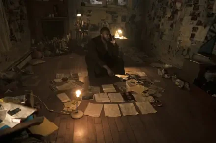 Aldis Hodge sits amidst scattered papers and photos in a dimly lit room, creating an atmospheric backdrop for the TV show Cross (2024).