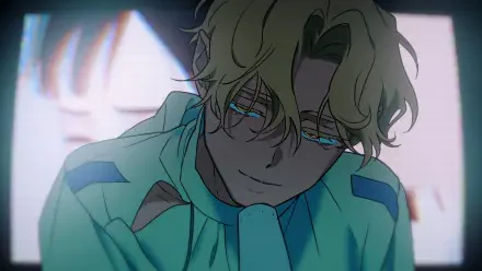 A close-up of Luka from Alien Stage, featuring tousled blond hair, striking blue eyes, and an enigmatic smile, set against a blurred background. This HD image serves as an engaging desktop wallpaper.