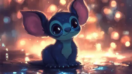 A whimsical HD wallpaper featuring Stitch from Lilo & Stitch, showcasing his kawaii charm against a backdrop of soft, glowing lights. Perfect for fans of the beloved TV show.