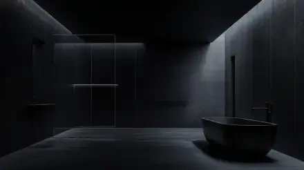 A dark minimalist bathroom featuring sleek lines and subtle lighting, captured in stunning 4K Ultra HD, creates a contemporary and serene atmosphere. Ideal for desktop wallpaper.