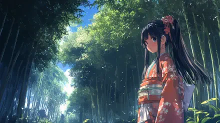 An anime girl in a vibrant kimono stands in a lush bamboo forest, surrounded by beams of sunlight, creating a serene and enchanting atmosphere. 4K Ultra HD PC desktop wallpaper.