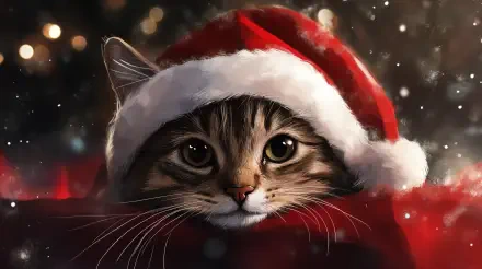 A cute cat wearing a Christmas hat, resting on a red blanket with a sparkling background. This festive image is a vibrant 4K Ultra HD desktop wallpaper.