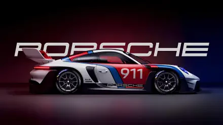 Sleek Porsche 911 GT3 sports car in a striking red, blue, and white livery, showcased in 8K Ultra HD as a sharp PC desktop wallpaper background.