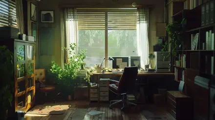 A serene home office scene featuring a wooden desk with a computer, surrounded by bookshelves and plants, illuminated by soft natural light streaming through the window. 4K Ultra HD.