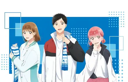 2K Quad HD anime PC wallpaper: Chinatsu Kano, Taiki Inomata, and Hina Chouno pose before a blue box-patterned background, smiling in casual jackets and scarves.