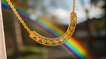 A close-up of an elegant gold necklace with intricate swirling designs, set against a vibrant rainbow background, showcasing its stunning detail and craftsmanship. 4K Ultra HD wallpaper.