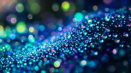 A stunning 4K Ultra HD desktop wallpaper featuring vibrant blue and green droplets glistening on a soft surface, creating a mesmerizing and colorful bokeh effect.