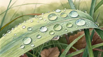 Close-up of a green leaf adorned with glistening dew droplets, set against a softly blurred background of grass and fallen leaves. A stunning 4K Ultra HD desktop wallpaper.