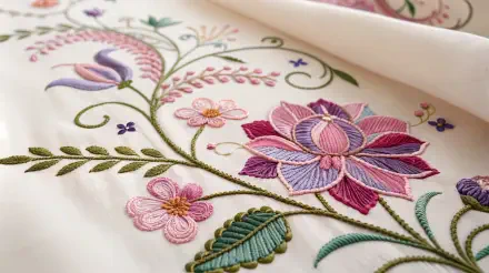 A vibrant close-up of intricate floral embroidery in soft pinks and purples, showcasing detailed stitching, ideal for a 4K Ultra HD PC desktop wallpaper and background.