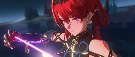 A dynamic HD wallpaper featuring Yinlin from the video game Wuthering Waves, showcasing her intense expression and striking design against a mysterious background.