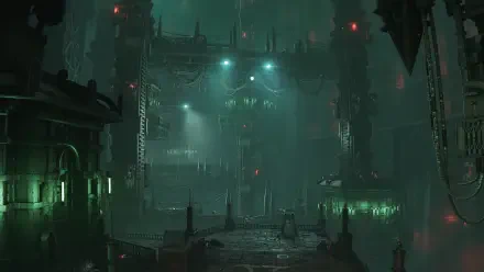 A dark and atmospheric 4K Ultra HD wallpaper inspired by Warhammer 40K: Space Marine 2, showcasing a cyberpunk environment with eerie green lights and industrial structures.
