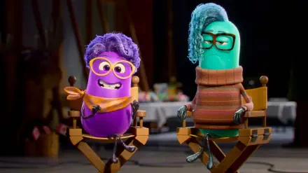 Two animated characters sit in director's chairs, featuring vibrant colors and playful expressions, in a scene from a movie by Dream Productions. HD desktop wallpaper and background.