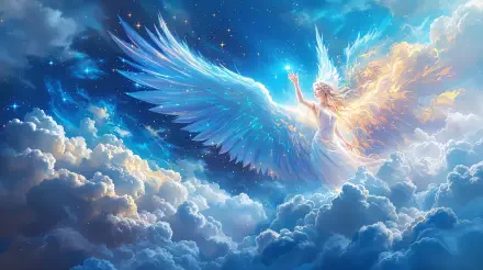 A serene angel with magnificent wings reaches out amidst a vibrant sky filled with clouds and stars, captured in stunning 4K Ultra HD for a captivating desktop wallpaper.