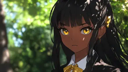 A captivating black anime girl with striking golden eyes, set against a lush green background. This 4K Ultra HD image serves as an engaging desktop wallpaper.