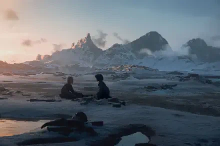 A stunning 8K Ultra HD backdrop from the TV show Star Wars: Skeleton Crew, featuring two characters sitting on a snowy landscape with dramatic mountains in the background at sunset.